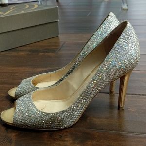 Enzo Angiolini Merryann Silver glitter, gold heel.